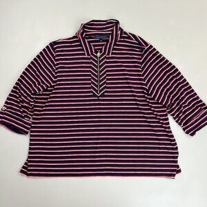 TOMMY HILFIGER Striped Stretch Knit Top 2X Navy Red White 1/4 Zip Collar Preppy